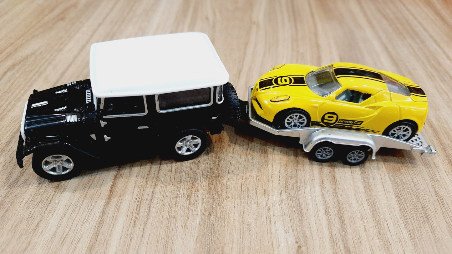 Diecast Scale Model Metal Jeep with Car & Trailer