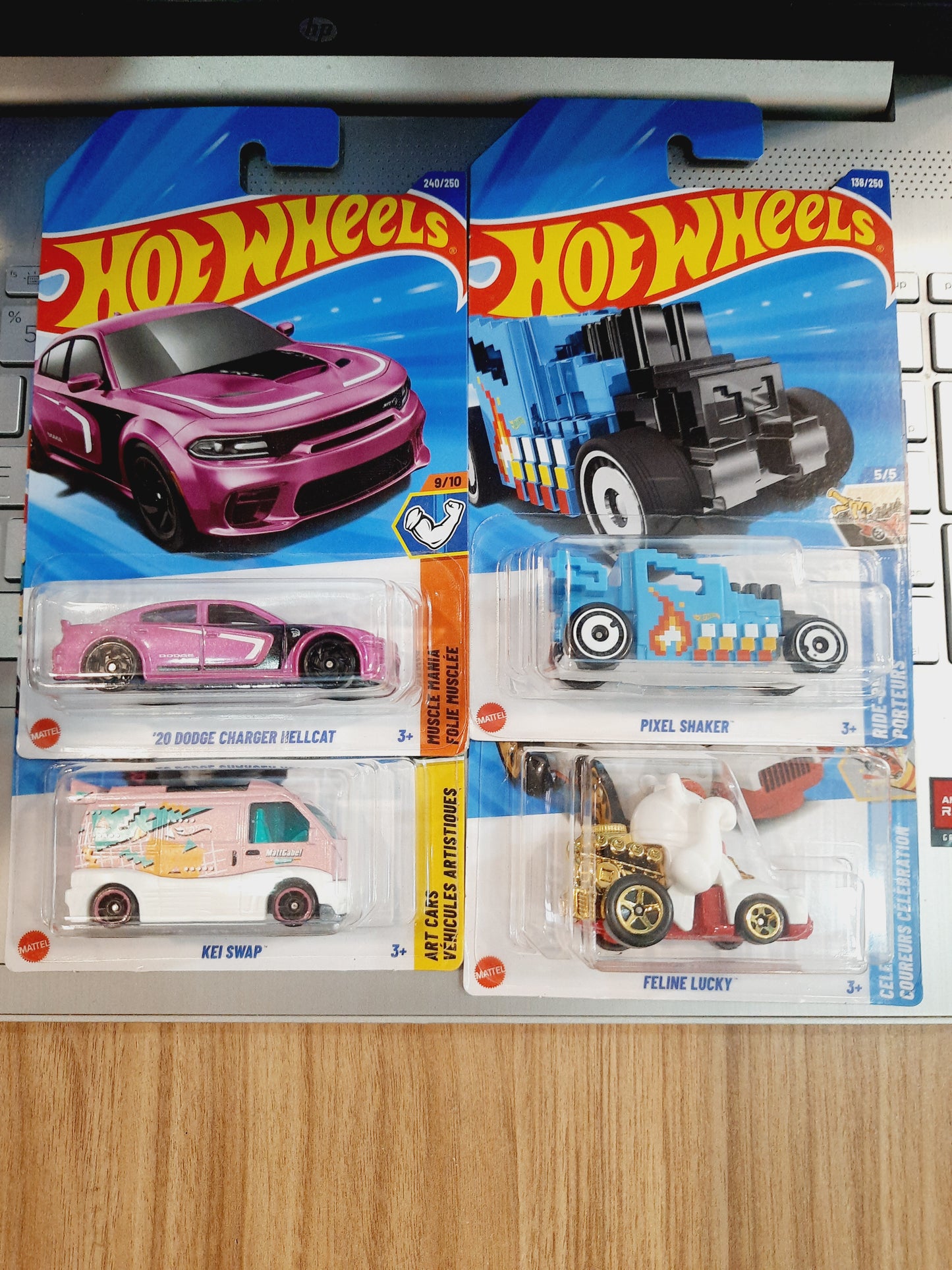 Hot Wheels 20 Dodge Charger Hellcat, Kei Swap, Pixel Shaker & Feline Lucky (combo pack of 4)