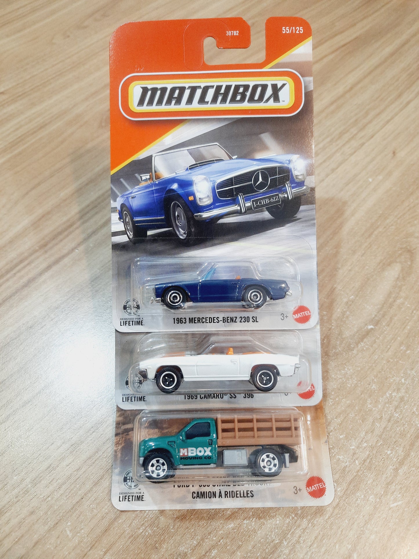 (Creased Cards) Matchbox 1963 Mercedes Benz 230 SL, 1969 Camaro SS 396 & Ford F 350 Stake Bed Truck