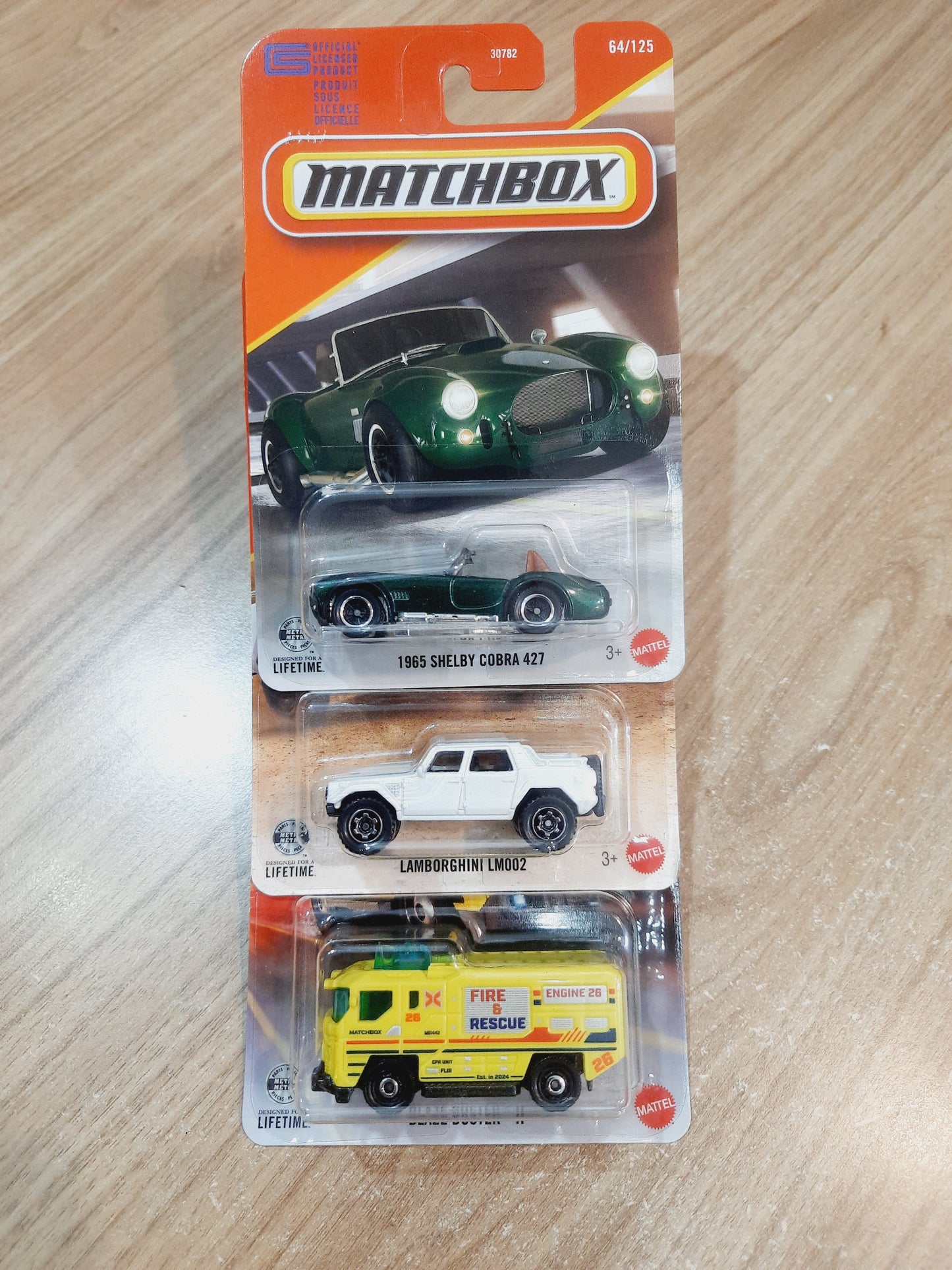 (Creased Cards) Matchbox 1965 Shelby Cobra 427, Lamborghini LM002 & Blaze Buster II