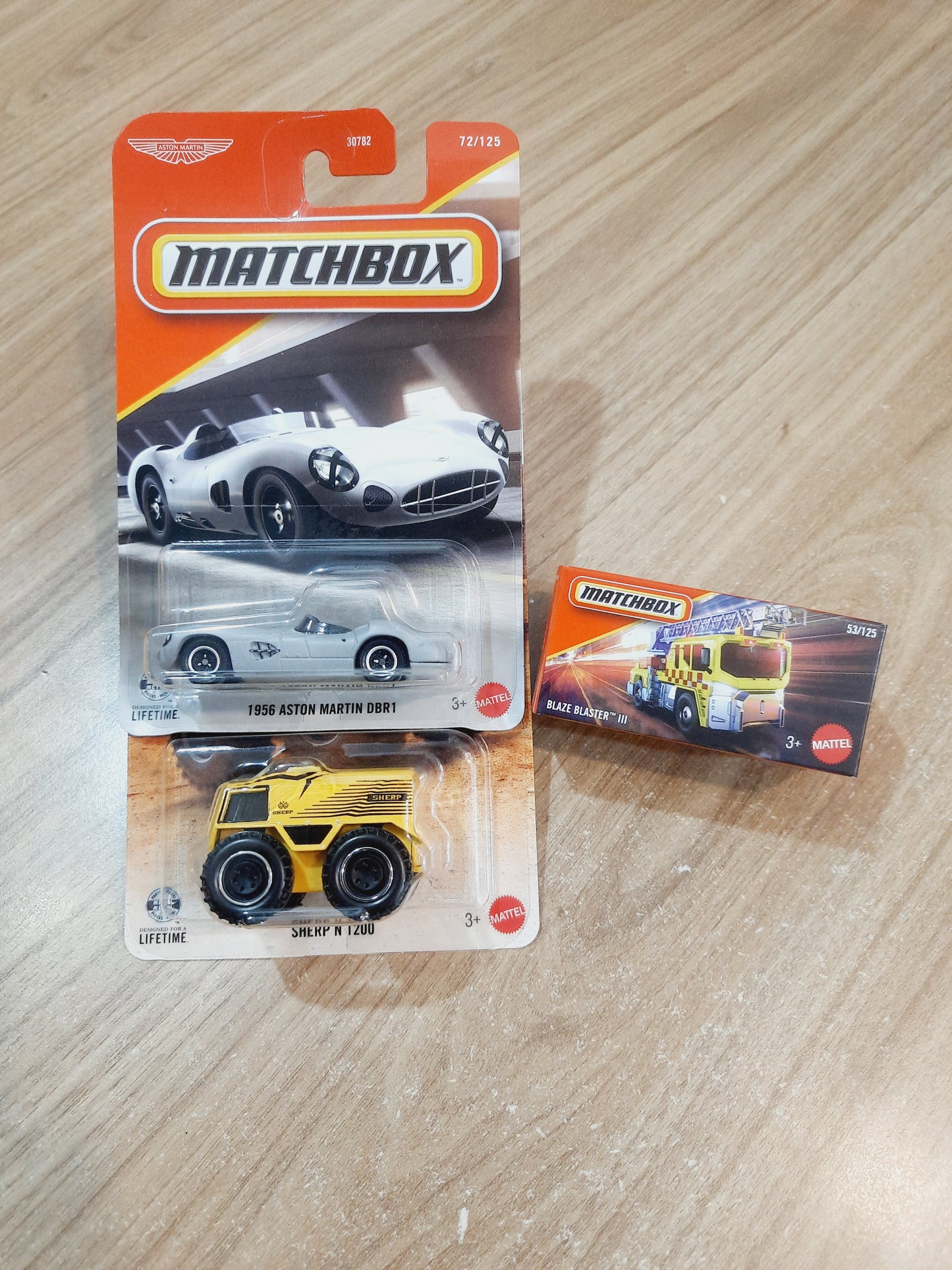 (Creased Cards) Matchbox 1956 Aston martin DBR1, Sherp N 1200 & Blaze Blaster III