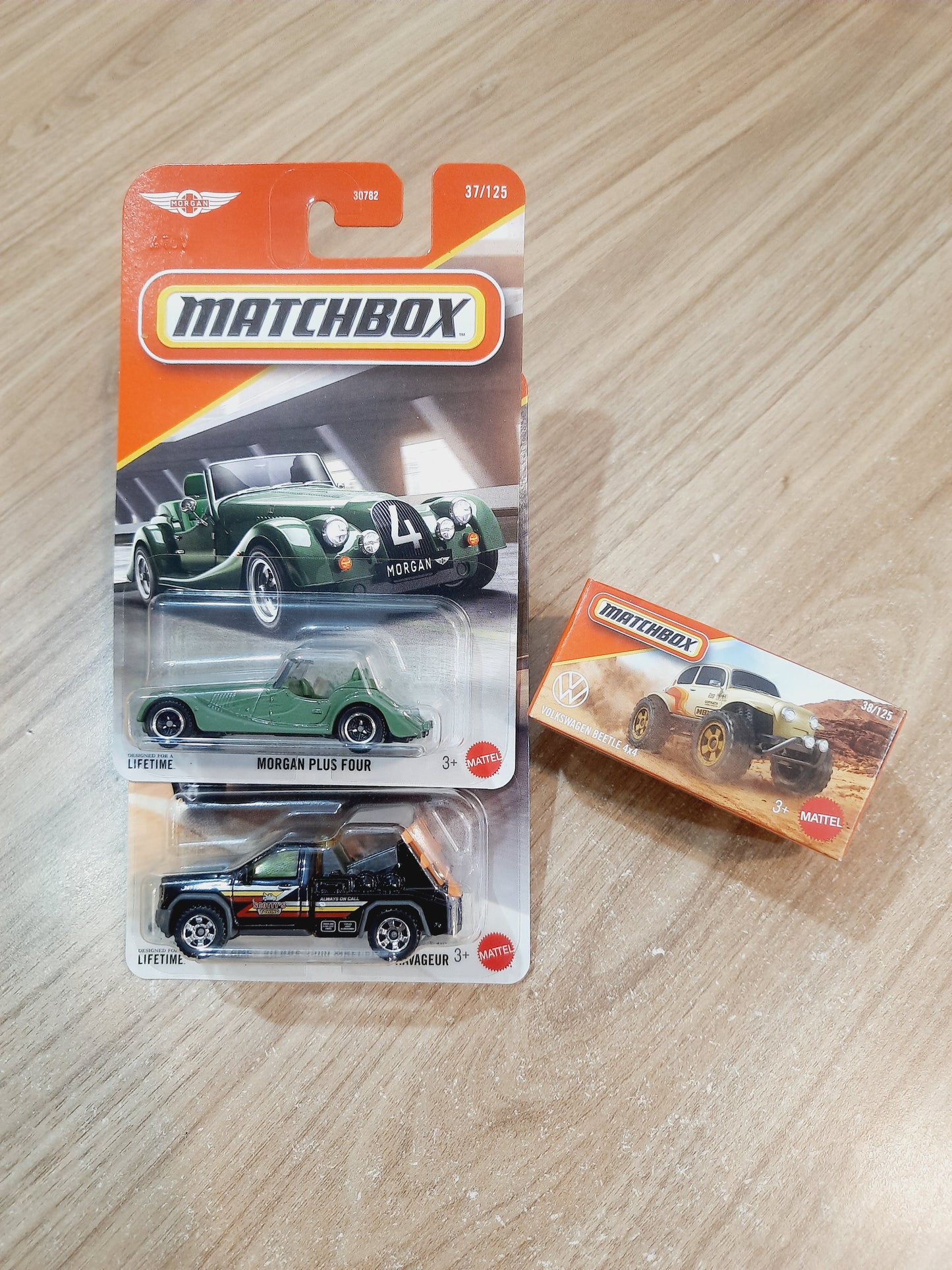 (Creased Cards) Matchbox Morgan Plus Four, 2024 GMC Sierra 3500 Wrecker & Volkswagen Beetle 4X4