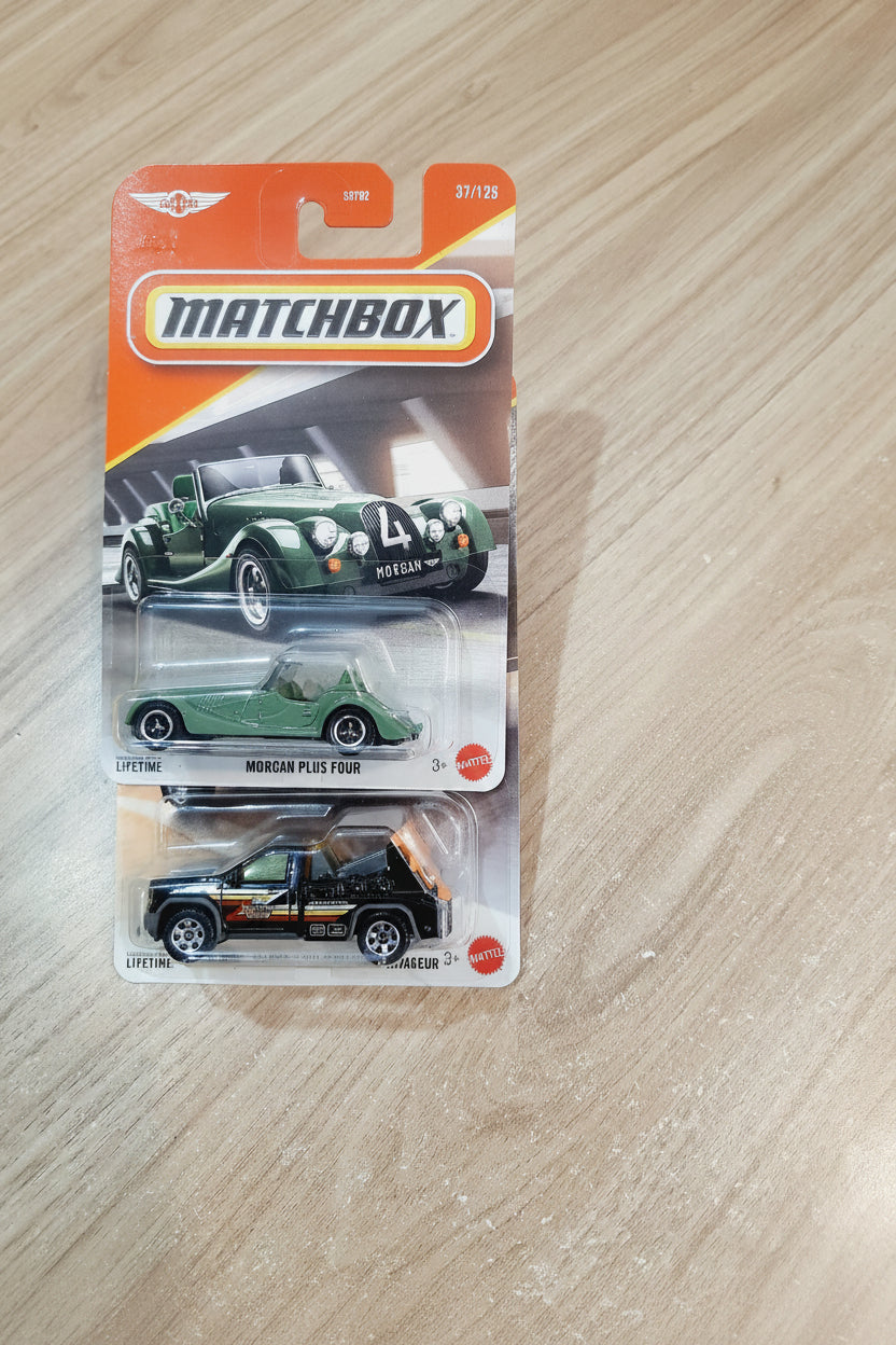 (Creased Cards) Matchbox Morgan Plus Four & 2024 GMC Sierra 3500 Wrecker