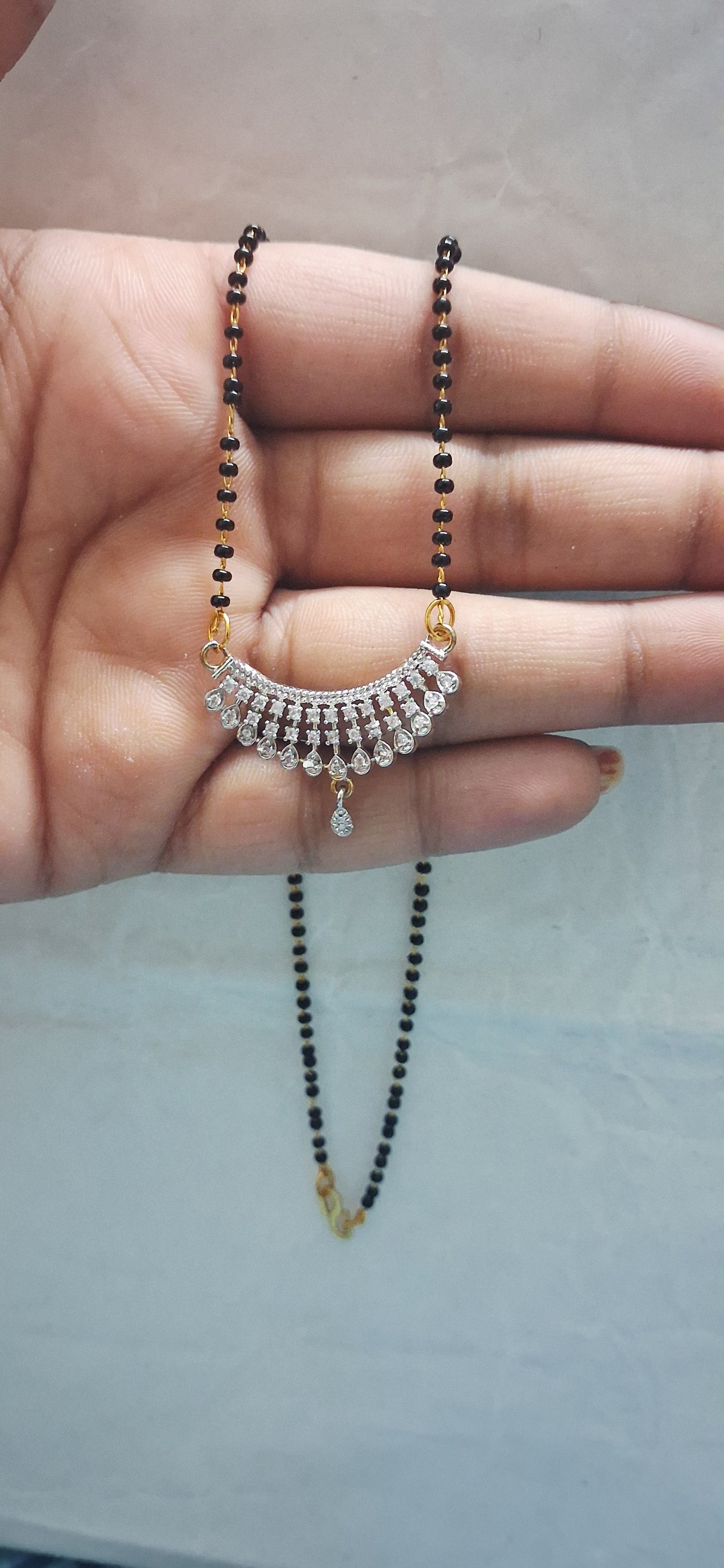 Elegant CZ Diamond-Style Black Bead Mangalsutra Necklace for Women | Gold Plated Traditional Pendant Chain