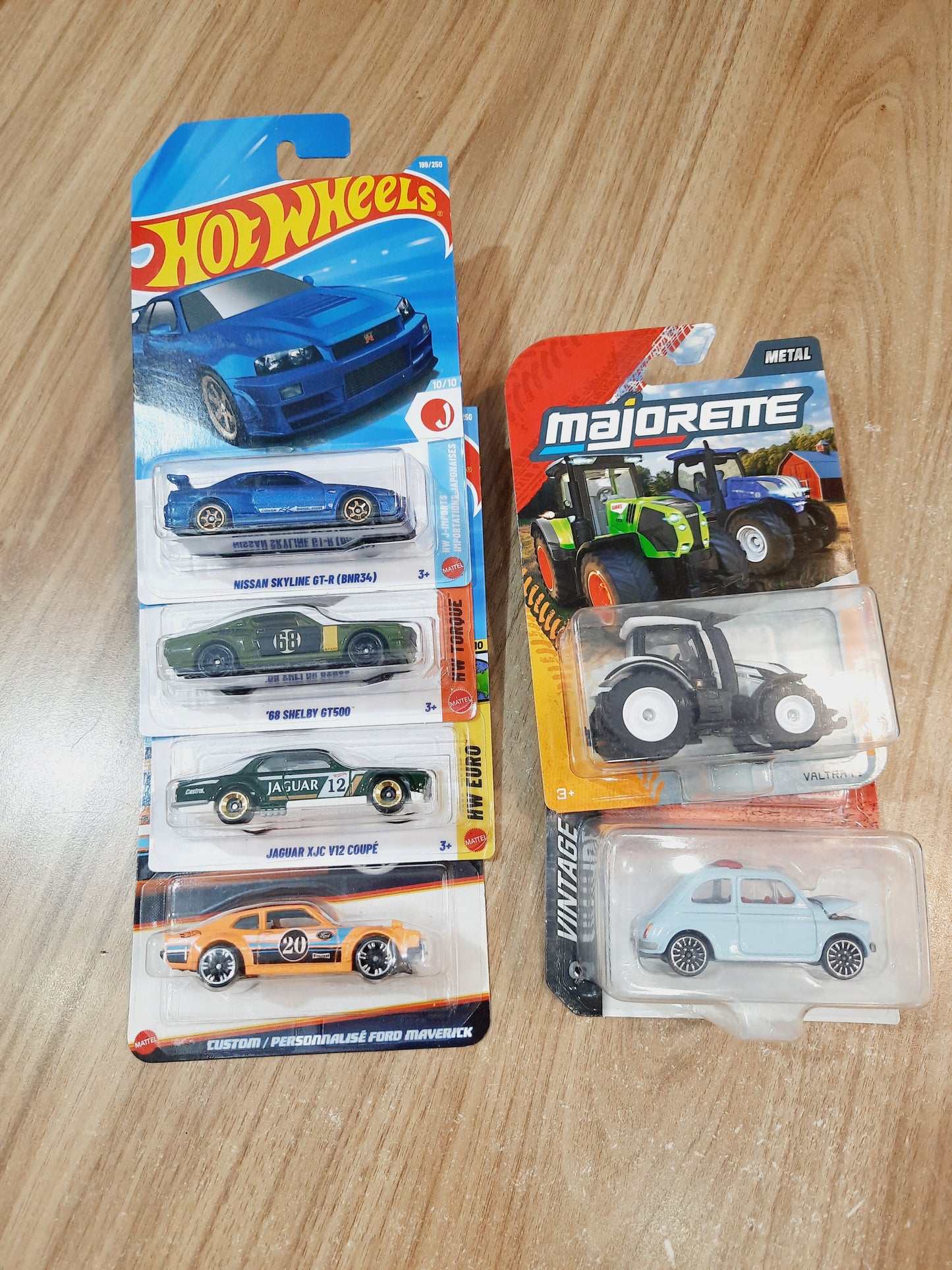Hot Wheels Nissan Skyline GT R(BNR34), 68 Shelby GT500, Jaguar XJC V12 Coupe, Custom Ford Maverick & Majorette Farm Valtra T4 | Vintage Fiat 500 D