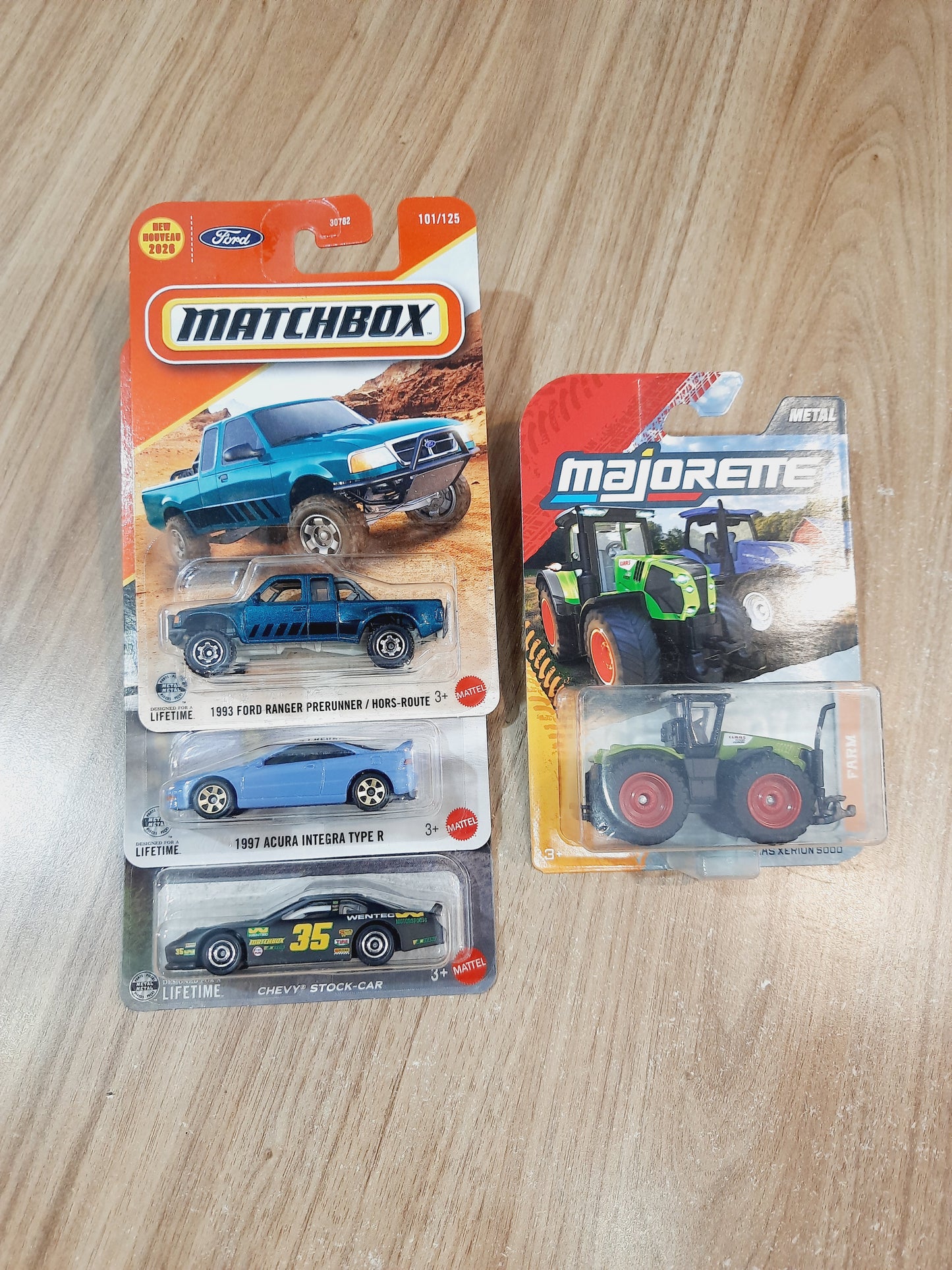 Matchbox 1993 Ford Ranger Prerunner, 1997 Acura Integra Type R, Chevy Stock Car & Majorette Farm Claas Xerion 5000
