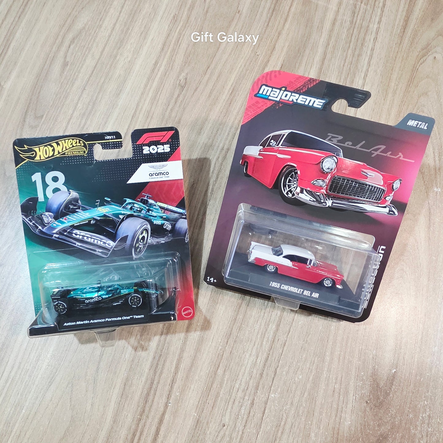 Hot Wheels Premium Formula 1 2025 Aston Martin Aramco Formula One Team 18 & Majorette 1955 Chevrolet Bel Air