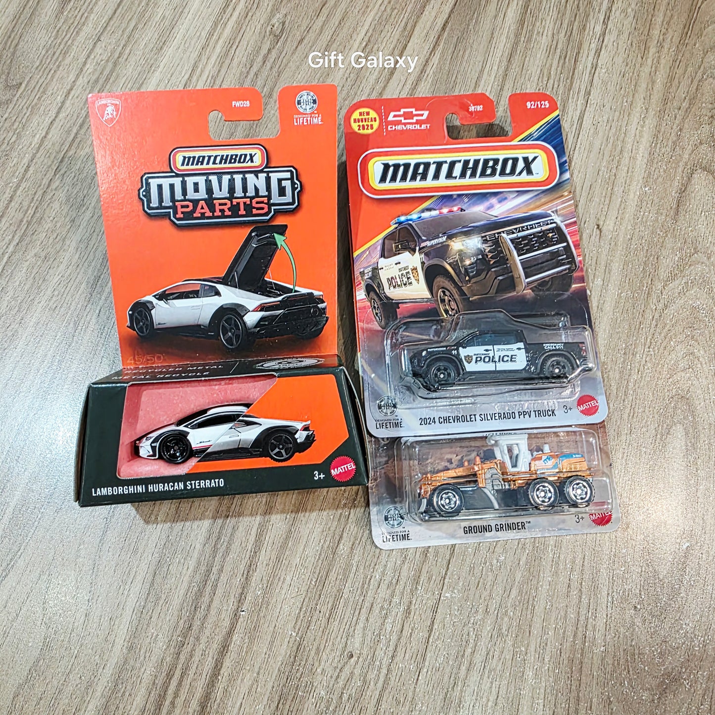 Matchbox Moving Parts Lamborghini Huracan Sterrato, 2024 Chevrolet Silverado PPV Truck & Ground Grinder