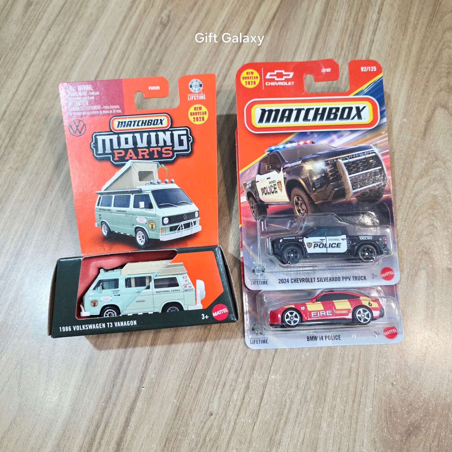 Matchbox Moving Parts 1986 Volkswagen T3 Vanagon, 2024 Chevrolet Silverado PPV Truck & BMW i4 Police