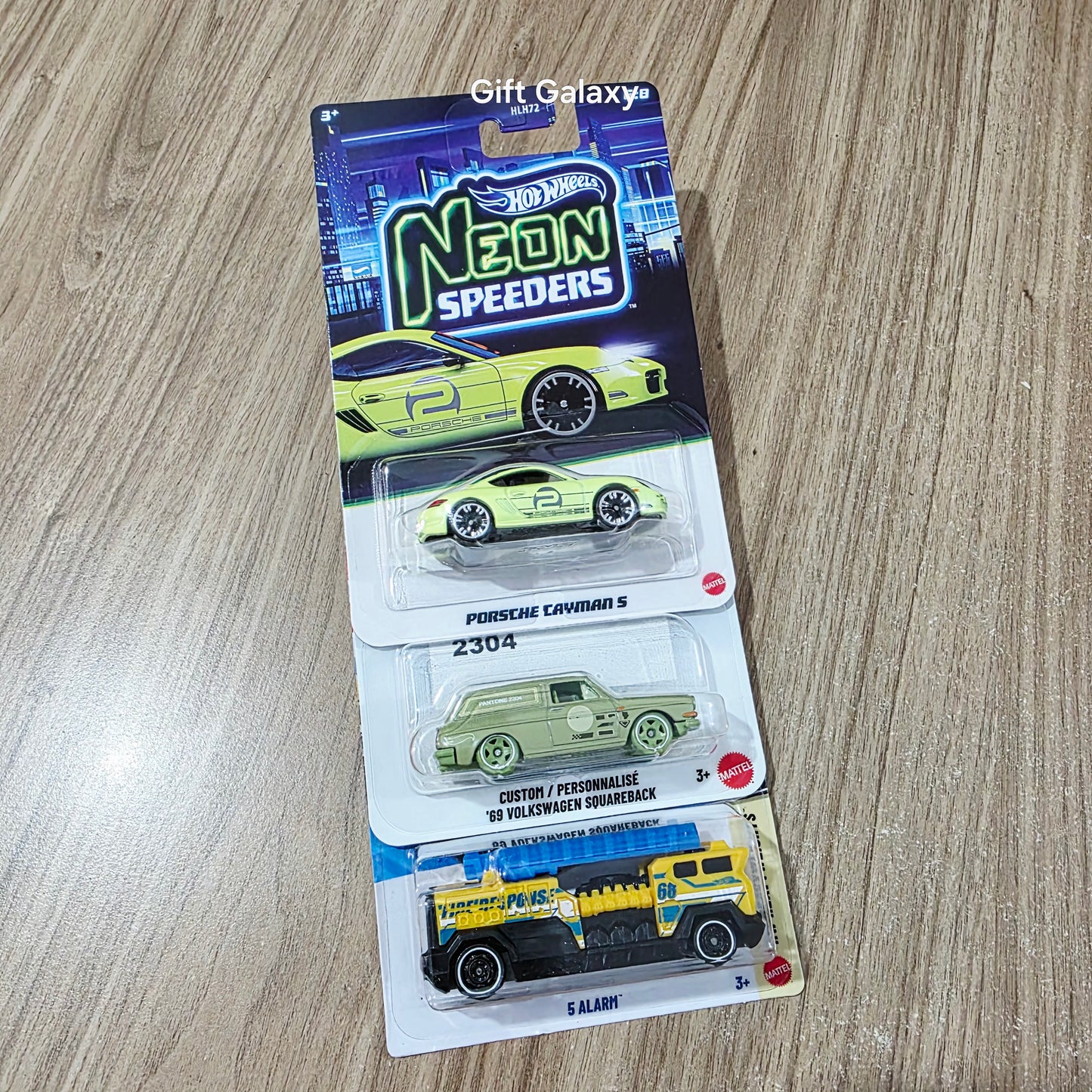 Hot Wheels Neon Speeders Porsche Cayman S, Pantone Custom 69 Volkswagen Squareback & 5 Alarm