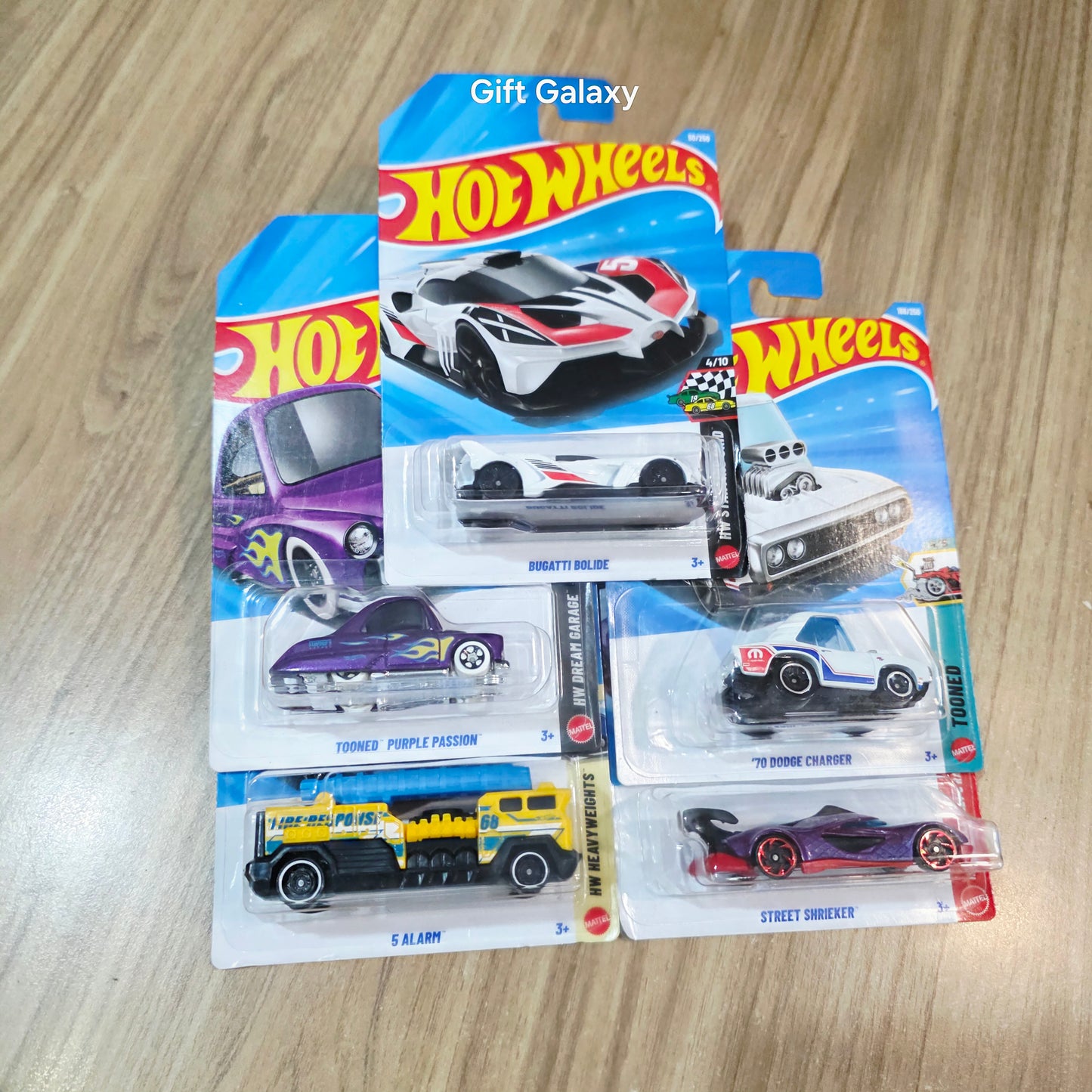 Hot Wheels Bugatti Bolide, 70 Dodge Charger, Street Shrieker, Tooned Purple Passion & 5 Alarm