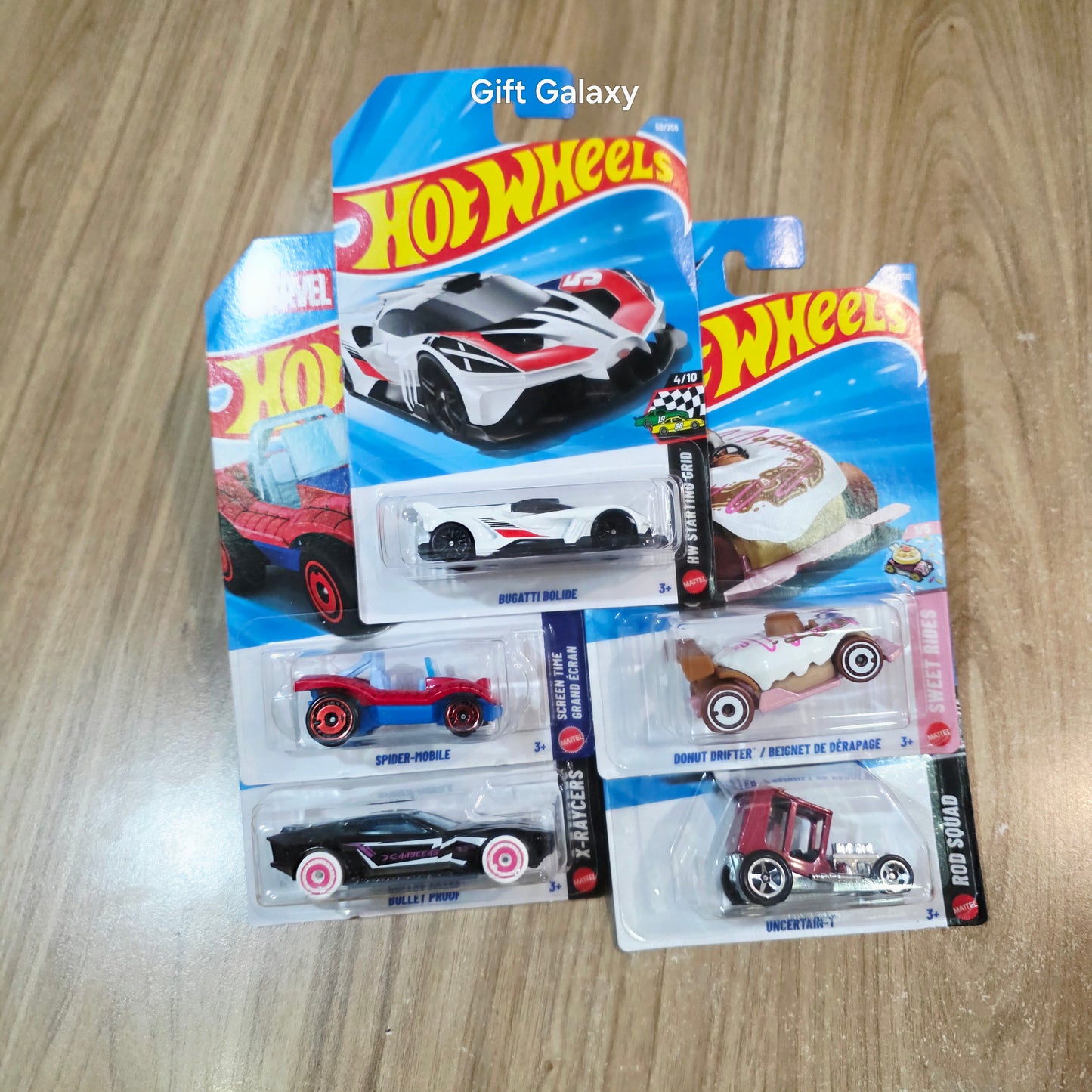 Hot Wheels Bugatti Bolide, Spider Mobile, Bullet Proof, Uncertain T & Donut Drifter