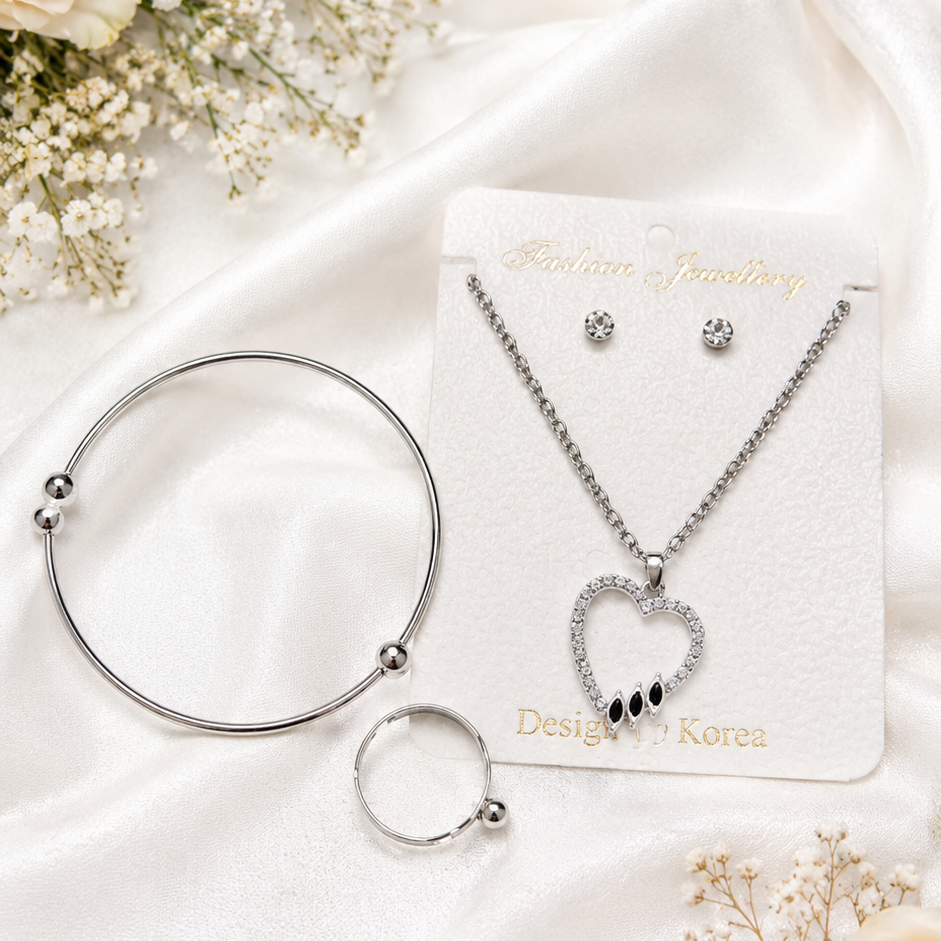 Silver Heart Pendant Jewellery Set with Bracelet, Ring & Stud Earrings for Women – Korean Style Elegant Gift Set for Women (Copy)