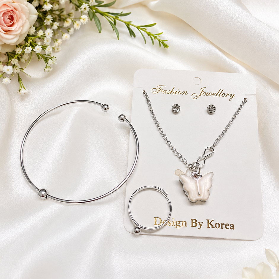 Butterfly Pendant Jewellery Set with Bracelet, Ring & Stud Earrings for Women | Korean Style Silver Finish