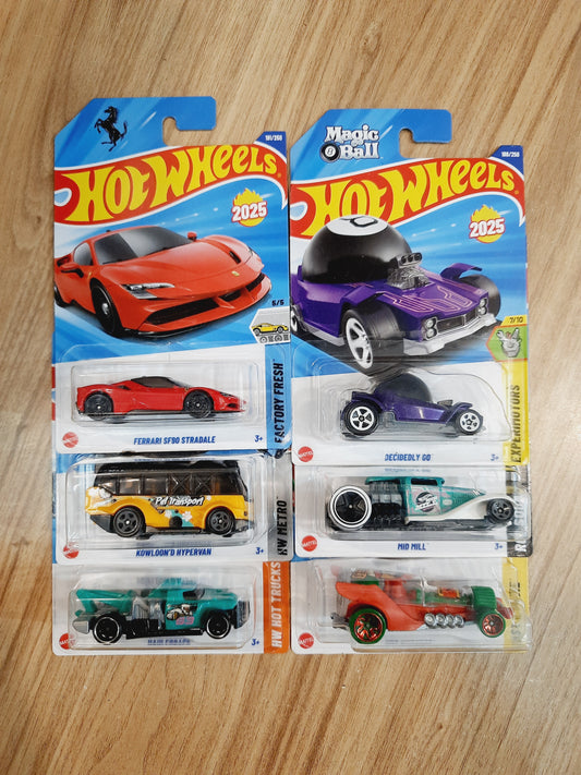 Hot Wheels Ferrari SF90 Stradale, Kowloon'd Hypervan, Hot Wheengs, Haulerback, Mid Mill, Decidely Go(combo pack of 6)