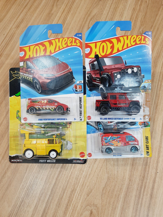 Hot Wheels Treasure Hunt Ford Performance Supervan 4, 15 Land Rover Defender Double Cab, Kei Swap, Party Wagon(combo pack of 4)