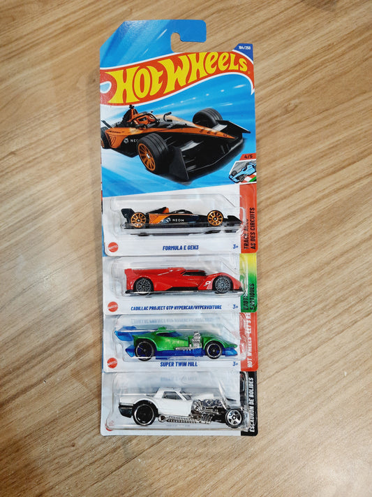 Hot Wheels Formula E GEN3, Cadillac Project Gtp Hypercar/Hypervoiture, Super Twin mill & Hoto Roto (combo pack of 4)