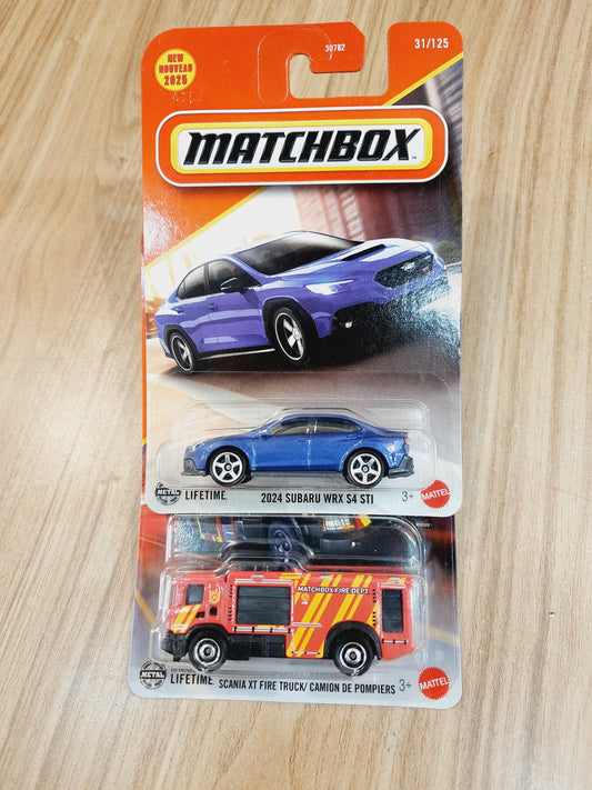 Matchbox 2024 Subaru WRX S4 STI & Scania XT Fire Truck/Camion DE Pompiers (Combo pack of 2)- 30782