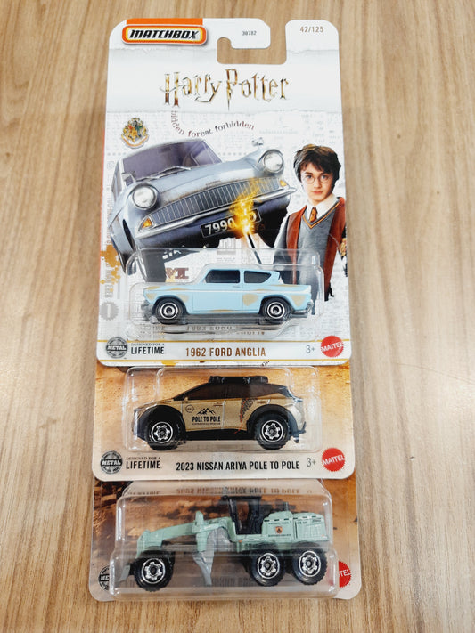 Matchbox 1962 Ford Anglia, Ground Grinder & 2023 Nissan Ariya Pole TO Pole (Combo pack of 3)- 30782