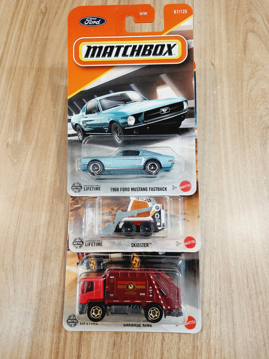 Matchbox 1968 Ford Mustang Fastback, Garbage King & Skidster (Combo pack of 3)- 30782