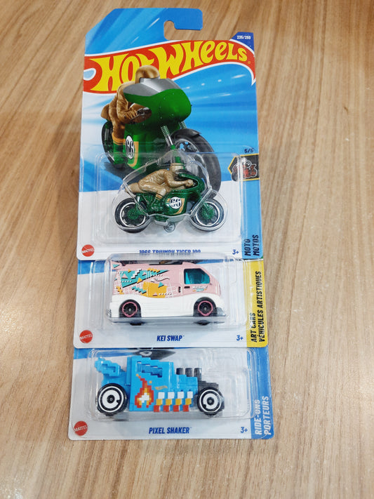 Hot Wheels Treasure Hunt 1966 Triumph Tiger 100, Kei Swap & Pixel Shaker (combo pack of 3)