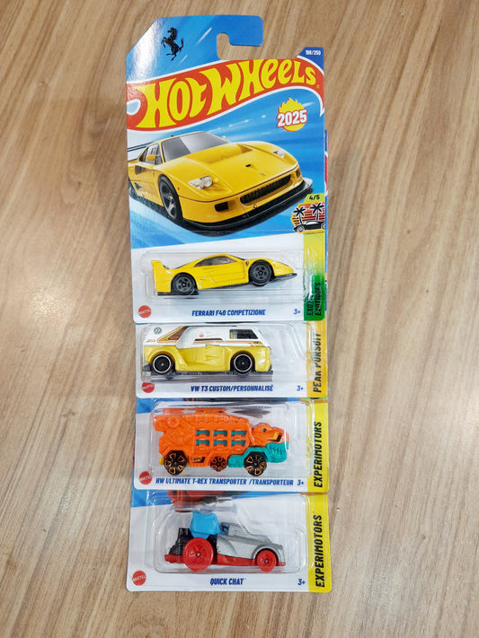 Hot Wheels Ferrari F40 Competizione, VW T3 Custom / Personnalise, HW Ultimate T - Rex Transporter / Transporteur & Quick Chat (combo pack of 4)