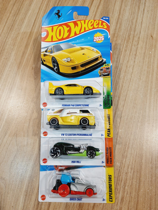 Hot Wheels Ferrari F40 Competizione, VW T3 Custom / Personnalise, Mod Mill & Quick Chat (combo pack of 4)