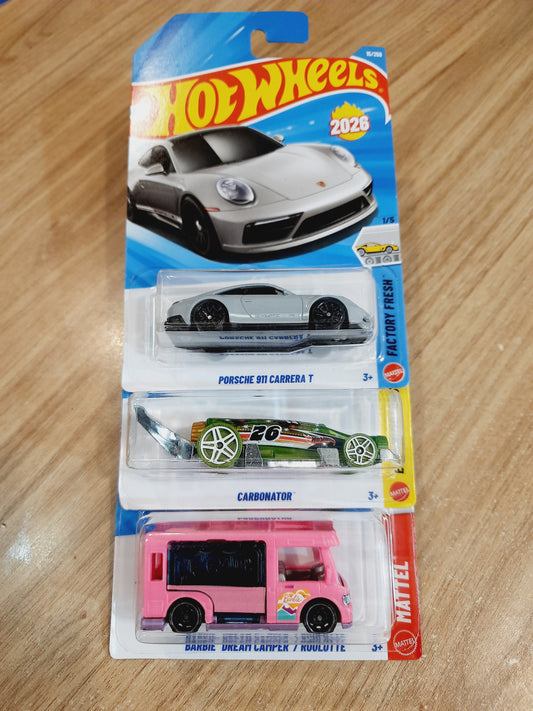Hot Wheels Porsche 911 Carrera T, Carbonator & Barbie Dream Camper/Roulotte (combo pack of 3)