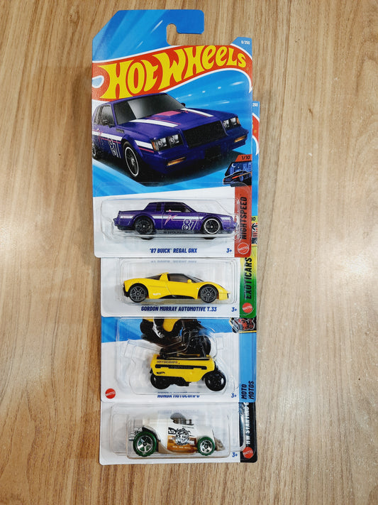 Hot Wheels Treasure Hunt 87 Buick Regal GNX, Gordon Murray Automotive T.33, Honda Motocompo & Instant Boost (pack of 4)