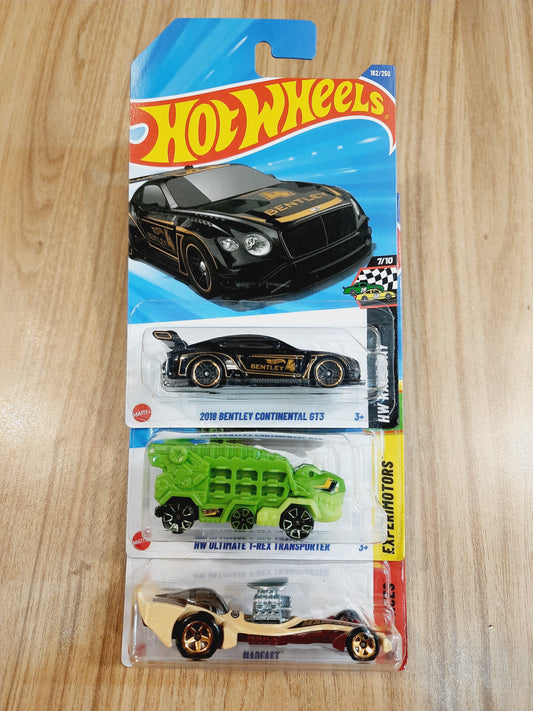 (Imported) Hot Wheels 2018 Bentley Continental GT3, HW Ultimate Trex Transporter & Madfast (combo pack of 3)