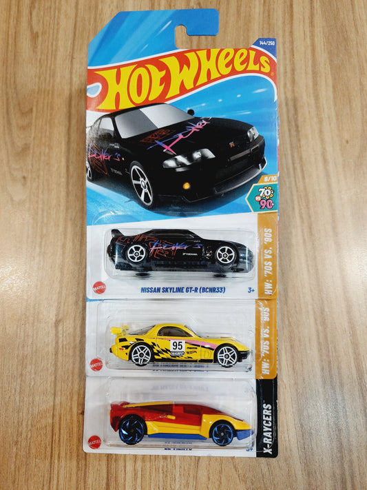 (Imported) Hot Wheels Nissan Skyline GT-R (BCNR33), 95 Mazda RX-7 Drift & El Viento (combo pack of 3)