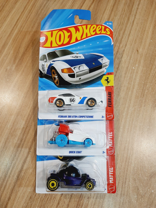 Hot Wheels Ferrari 365 GTB4 Competizione, Quick Chat & Decidedly Go (pack of 3)