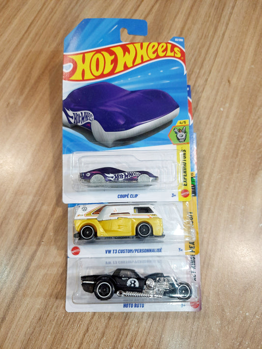 Hot Wheels Coupe Clip, VW T3 Custom(card minor cracked) & Hoto Roto (pack of 3)