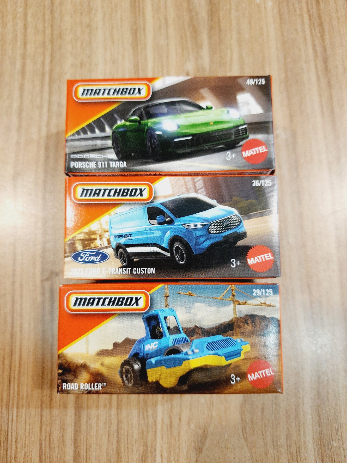 Matchbox Porsche 911 Targa, 2023 Ford E-Transit Custom & Road Roller - DNK70 Diecast Scale Model