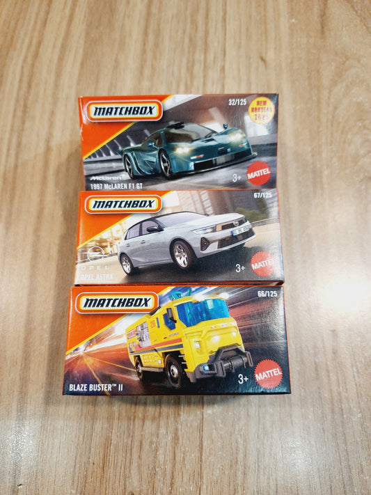 Matchbox 1997 Mclaren F1 GT, Opel Astra & Blaze Buster II Diecast Scale Model