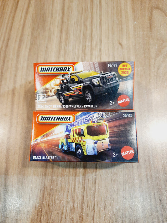 Matchbox 2024 GMC Sierra 3500 Wrecker & Blaze Blaster III Diecast Scale Model