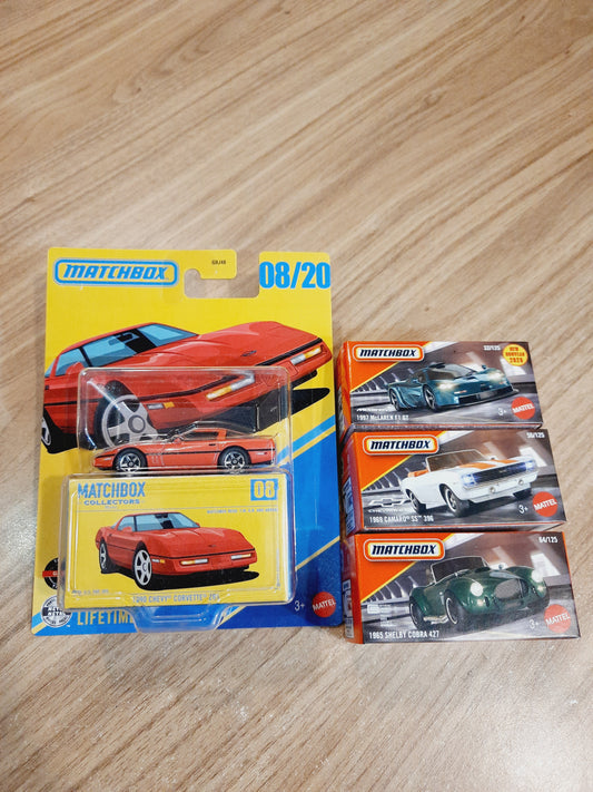 Matchbox 1990 Chevy Corvette ZR1, 1997 Mclaren F1 GT, 1969 Camaro SS 396 & 1965 Shelby Cobra 427 Diecast Scale Model