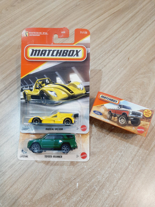 (Creased Cards) Matchbox Radical SR3 XXR, Toyota 4Runner & 1974 Ford F 100 Ranger