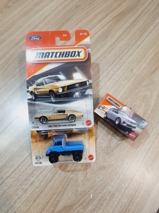 (Creased Cards) Matchbox 1968 Ford Mustang Fastback, 1963 Unimog 406 & Opel Astra