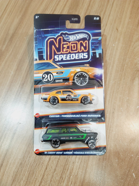 Hot Wheels Neon Speeders 64 Chevy Nova Gasser & Custom Ford Maverick