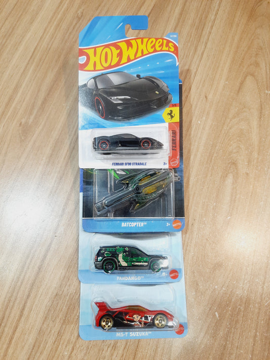 Hot Wheels Ferrrari Sf90 Stradale, Batcopter, Fandango & MS T Suzuka (Pack of 4)