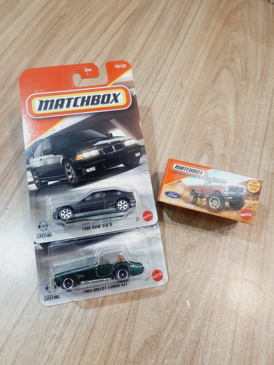 (Creased Cards) Matchbox 1995 BMW 318 Ti, 1965 Shelby Cobra 427 & 1974 Ford F 100 Ranger