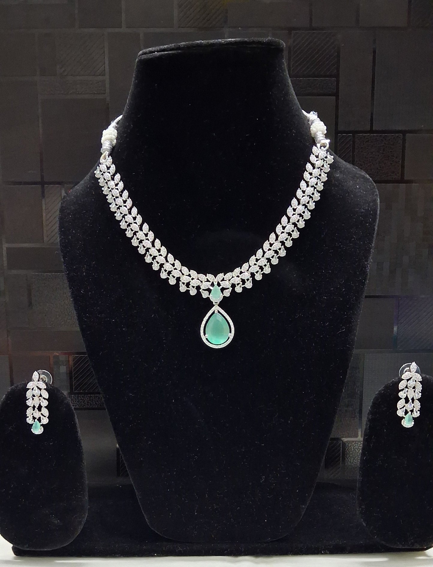 Emerald Green Teardrop Necklace Set with AD Stones | Elegant Bridal & Party Jewelry