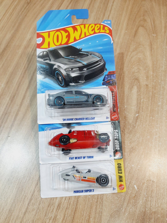 Hot Wheels 20 Dodge Charger Hellcat, Fiat Beast of Turin & Morgan Super 3