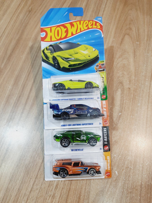 Hot Wheels 16 Lamborghini Centenario Roadster, Ford F 150 Lightning Supertruck, 69 Chevelle & Gone Mad
