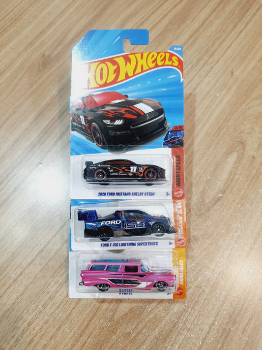 Hot Wheels 2020 Ford Mustang Shelby Gt500, Ford F 150 Lightning Supertruck & 8 Crate