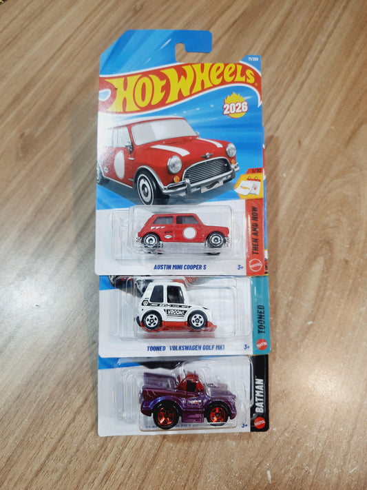 Hot Wheels Austin Mini Cooper S, Tooned Volkswagen Golf Mk1 & Classic Tv Series Batmobile