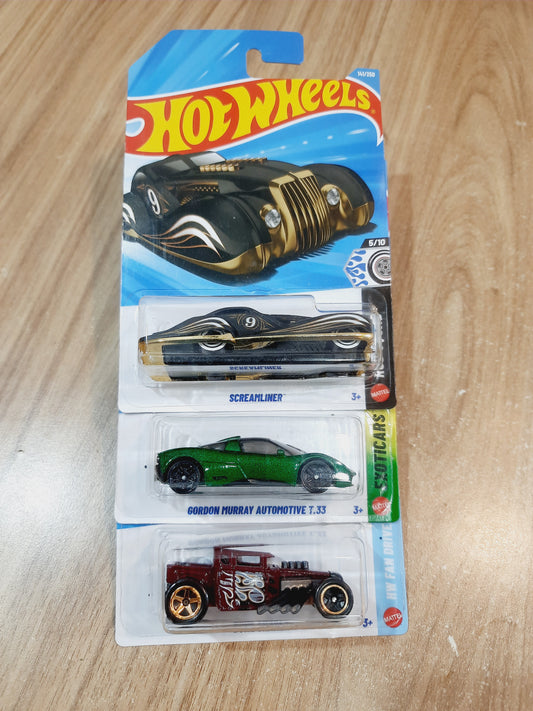 Hot Wheels Gordon Murray Automotive T.33, Screamliner & Bone Shaker