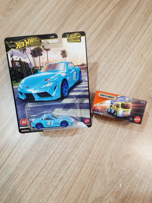 Hot Wheels Premium 2021 Toyota GR Supra & Matchbox Blaze Blaster lll