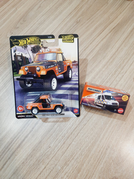 Hot Wheels Premium 1967 Jeepster Commando & Matchbox Mercedes Benz Sprinter Ambulance